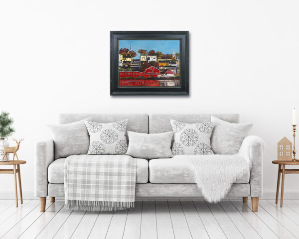 Winter livingroom interior with velvet sofa, pillows and plaid on white wall background. 3D rendering.